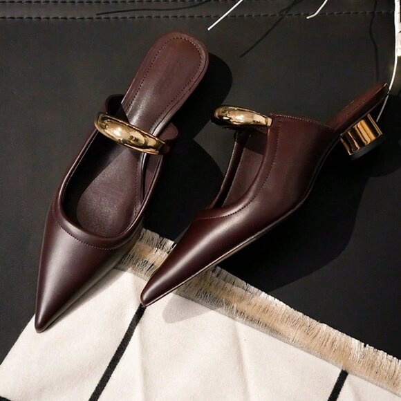 Brown Casual Women's Pointed Mule Pumps - Picture 2 of 7